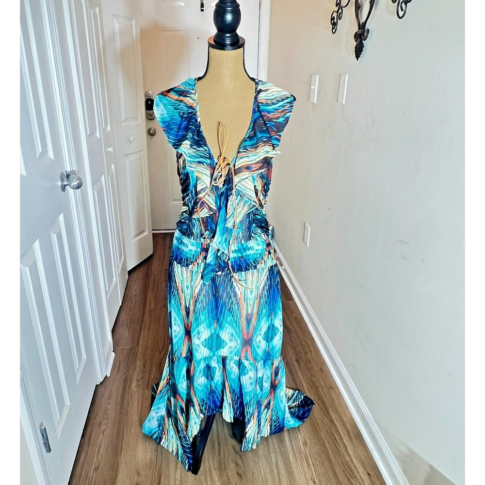 Baby Phat Paradise Goddess Kaleidoscope High Low Halter Maxi Dress L Y2K